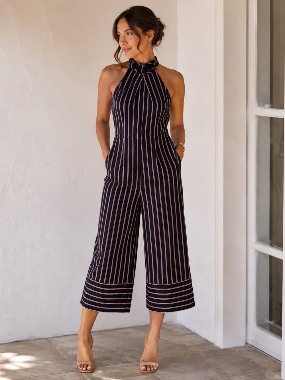 Tommy Hilfiger Navy Blue Red Striped Halter Wide Leg Jumpsuit Size 6 NWOT Style
